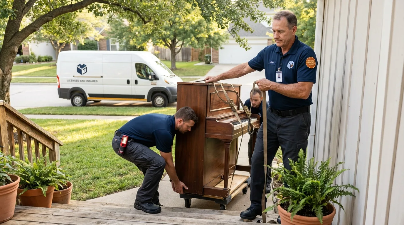 Licensed piano movers securing grand piano in Daleville, VA