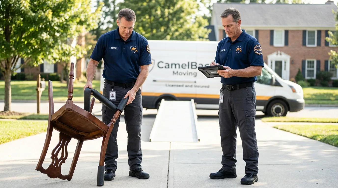 Movers inspecting furniture for damage prevention before loading in Daleville, VA