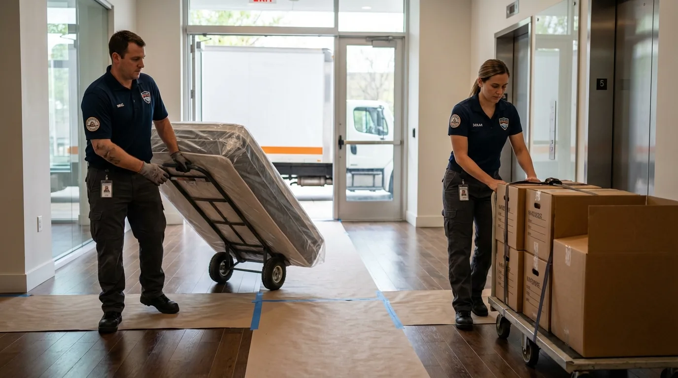 Professional apartment movers loading elevator in Daleville, VA