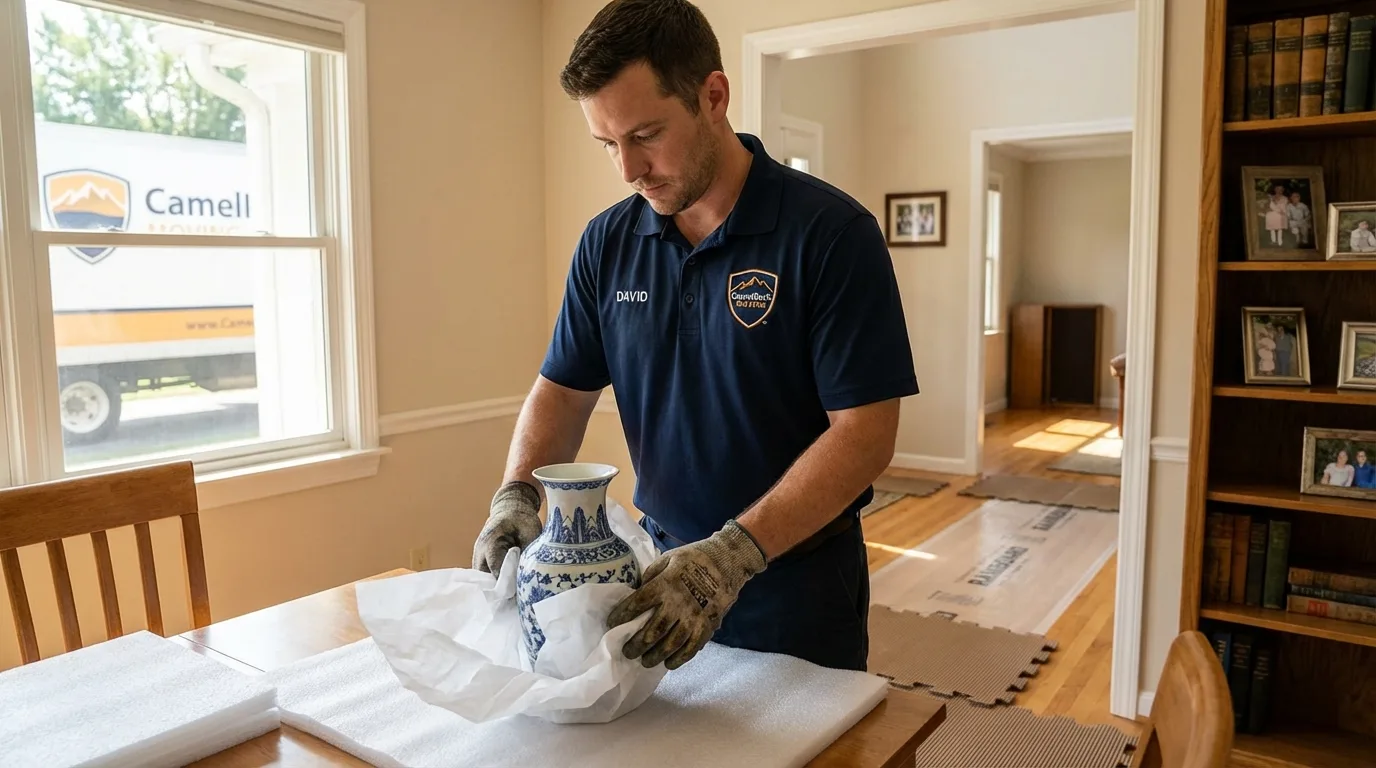 Professional crew carefully wrapping antique vase for senior downsizing move in Daleville, VA